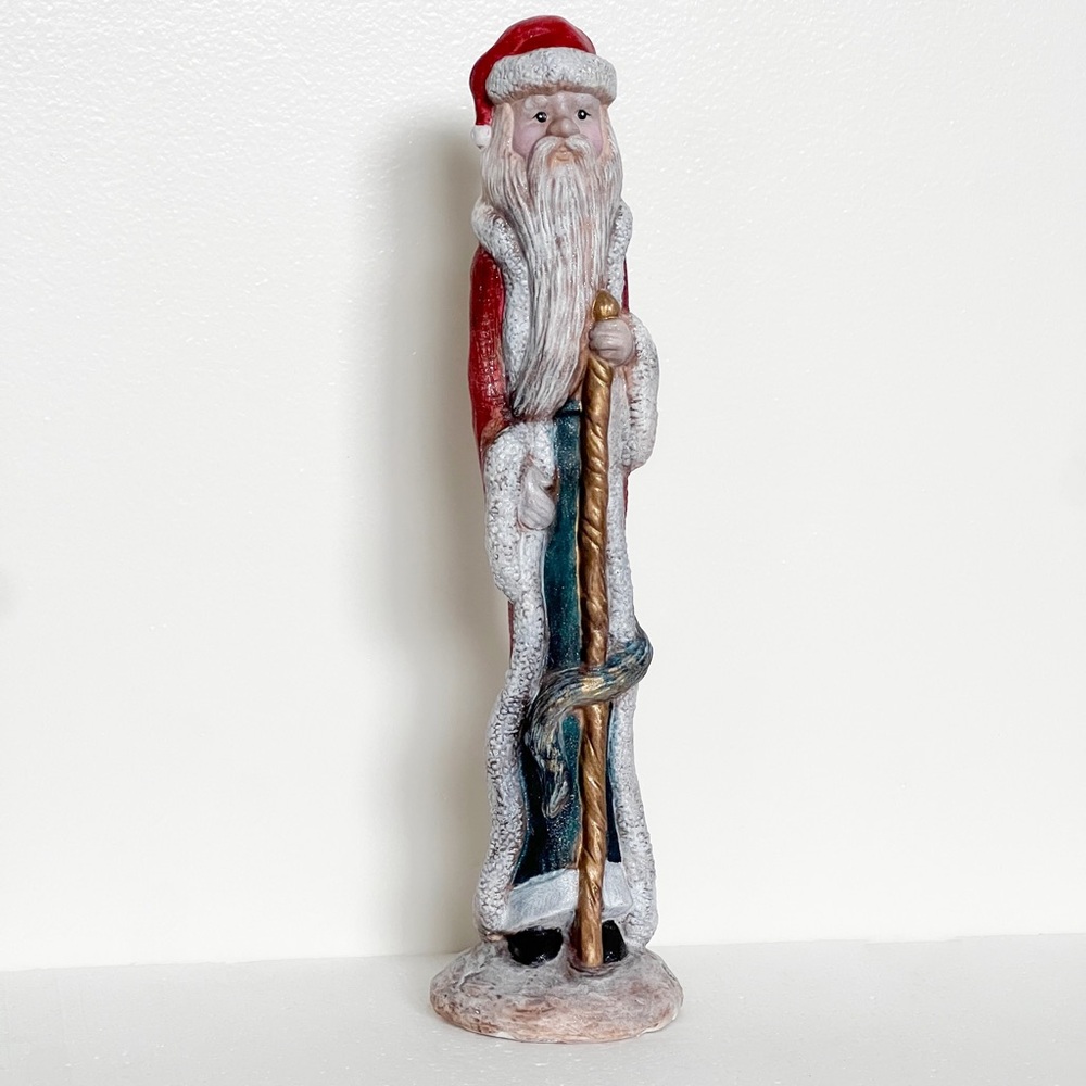 Vintage Saint Nick with staff Christmas figurine, ceramic hand painted, Santa